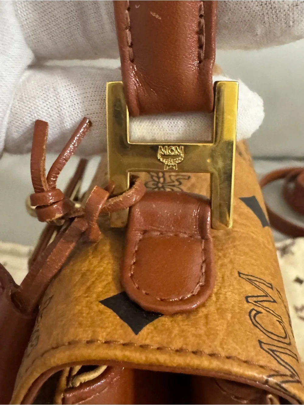 MCM Brown Kelly Cognac Visetos Top Handle Satchel with Gold Hardware